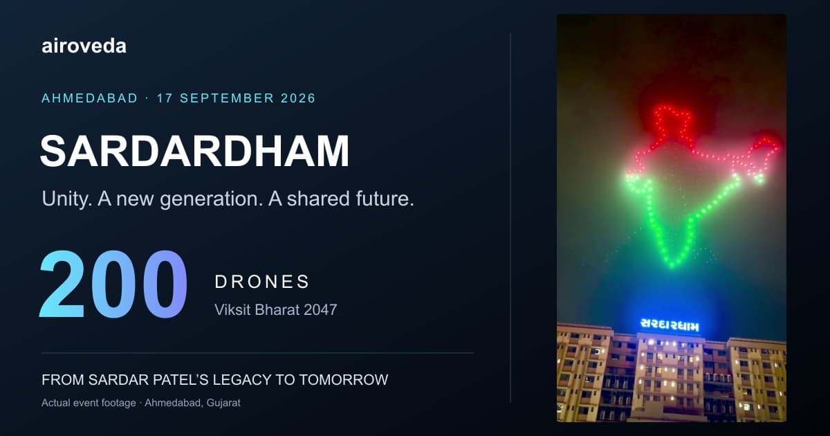 Sardardham Ahmedabad 200-drone show thumbnail with the full illuminated India map above the venue, captured from the event video